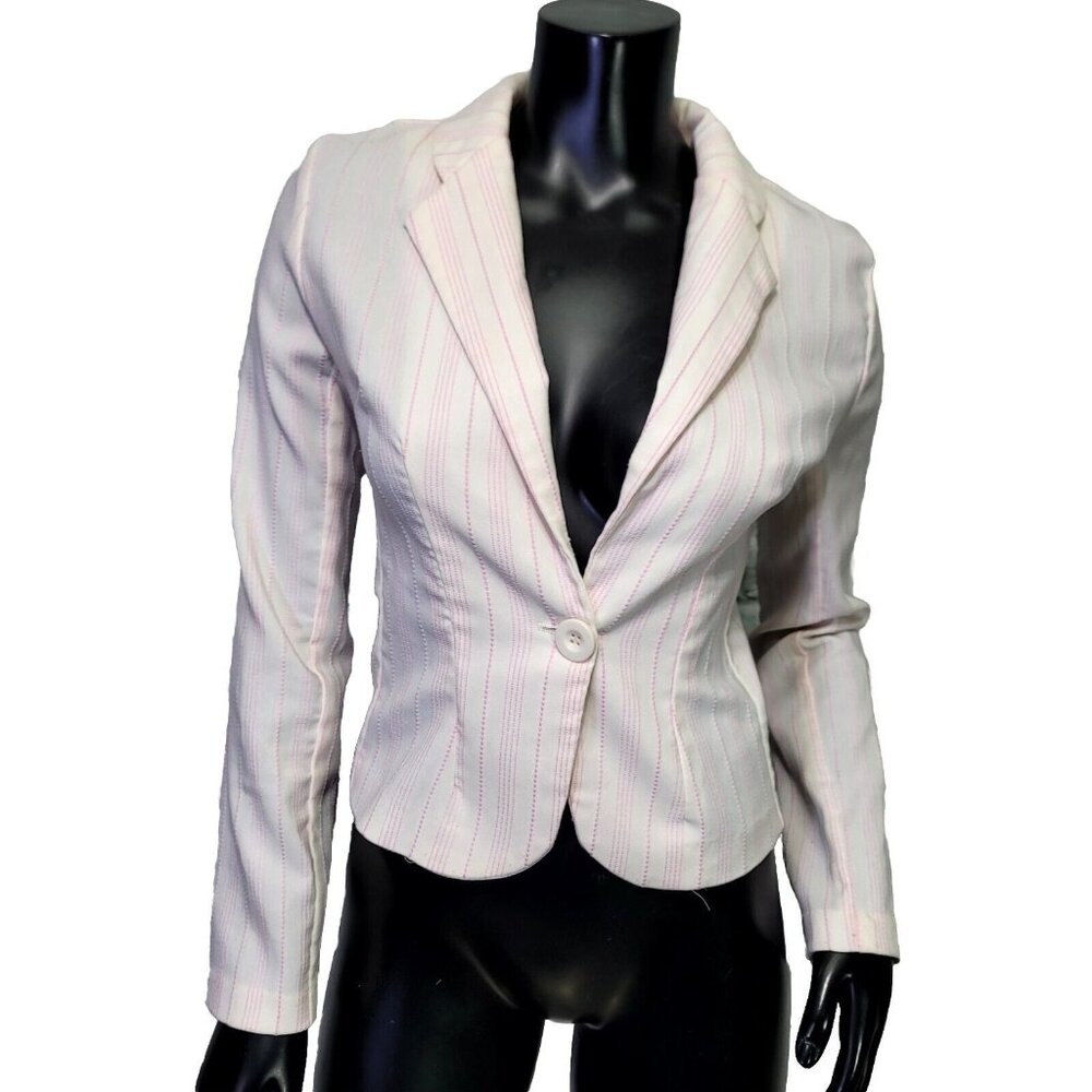 Vintage 90s Y2K Toy Box Jrs 3 White Pink Stitchedโ Pinstriped Tailored Blazer